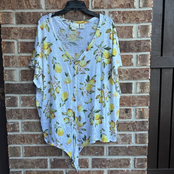 Cynthia Rowley Yellow and Green Lemons print  tie front Linen Top - Picture 1 of 6